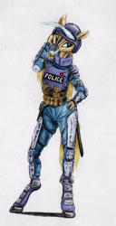 Size: 2174x4232 | Tagged: safe, artist:joestick, editor:vedont, imported from derpibooru, oc, oc only, anthro, earth pony, unguligrade anthro, armor, colored, female, helmet, knee pads, mask, police, police pony, pouch, swat