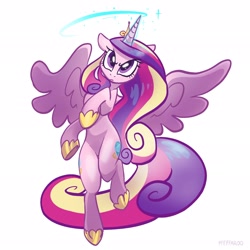 Size: 2048x2048 | Tagged: safe, artist:pfeffaroo, imported from derpibooru, princess cadance, alicorn, pony, action pose, female, floppy ears, frown, glowing horn, high res, horn, looking at you, magic, mare, simple background, solo, spread wings, white background, wings