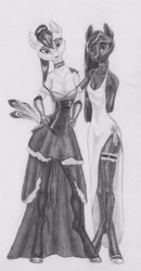 Size: 2222x4268 | Tagged: safe, artist:joestick, imported from derpibooru, oc, oc only, anthro, earth pony, accessories, accessory, choker, clothes, female, gloves, monochrome, peacock feathers, socks, stockings, thigh highs, traditional art