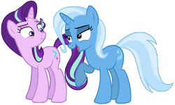 Size: 8680x5210 | Tagged: safe, artist:famousmari5, imported from derpibooru, starlight glimmer, trixie, pony, unicorn, absurd resolution, duo, duo female, female, looking at each other, mare, raised hoof, simple background, transparent background, vector