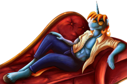 Size: 1500x989 | Tagged: safe, artist:jamescorck, imported from derpibooru, oc, oc only, anthro, unguligrade anthro, unicorn, clothes, couch, digital art, male, pants, sitting, solo, sunglasses
