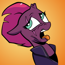 Size: 3000x3000 | Tagged: safe, artist:andypriceart, artist:shadowblazearts, edit, idw, imported from derpibooru, tempest shadow, pony, unicorn, broken horn, clothes, disgusted, female, gradient background, high res, horn, solo, tongue out
