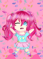 Size: 2996x4096 | Tagged: safe, artist:flatterslay, imported from derpibooru, pinkie pie, human, candy, chibi, female, food, humanized, jumping, one eye closed, solo, wink