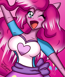 Size: 2296x2716 | Tagged: safe, artist:cosmiccutie01, imported from derpibooru, pinkie pie, equestria girls, beautiful eyes, beautiful hair, breasts, busty pinkie pie, female, high res, one eye closed, open mouth, ponied up, solo, wink