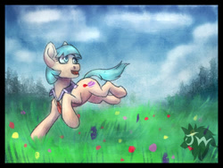 Size: 600x450 | Tagged: safe, artist:jazzwolfblaze, imported from derpibooru, coco pommel, earth pony, pony, female, field, flower, frolicking, meadow, running, solo