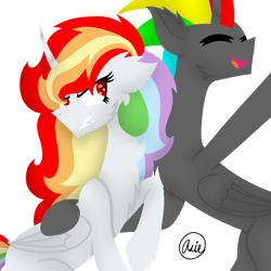 Size: 1000x1000 | Tagged: safe, artist:asiandra dash, artist:rainbow dash is best pony, imported from derpibooru, oc, oc only, oc:rainbowrio, oc:rainbowstorm, alicorn, pony, alicorn oc, annoyed, gritted teeth, happy, horn, open mouth, simple background, transparent background, wings