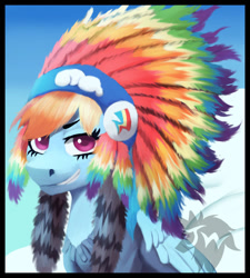 Size: 900x1002 | Tagged: safe, artist:jazzwolfblaze, imported from derpibooru, rainbow dash, pegasus, pony, female, grin, native american, smiling, solo, squaw dash, tribute, war bonnet