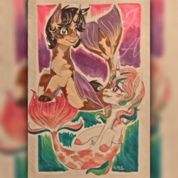 Size: 750x750 | Tagged: safe, artist:jdash15, imported from derpibooru, oc, oc only, alicorn, pony, seapony (g4), brown eyes, dorsal fin, fin wings, fins, fish tail, flowing tail, horn, looking at each other, purple eyes, seaponified, signature, smiling, species swap, tail, teeth, underwater, wings