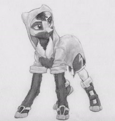 Size: 2332x2448 | Tagged: safe, artist:joestick, imported from derpibooru, oc, oc only, oc:kass, earth pony, pony, clothes, coat markings, high res, hoodie, male, monochrome, pencil drawing, shoes, traditional art