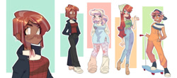 Size: 1280x565 | Tagged: safe, artist:galaxiedream, imported from derpibooru, apple bloom, babs seed, scootaloo, sweetie belle, human, alternate hairstyle, backwards ballcap, baseball cap, belt, blushing, boots, cap, clothes, converse, cutie mark crusaders, dark skin, ear piercing, earring, female, fishnets, freckles, glasses, grin, hat, humanized, jacket, jeans, jewelry, leather jacket, leg warmers, older, older apple bloom, older babs seed, older cmc, older scootaloo, older sweetie belle, overalls, pants, piercing, scooter, shirt, shoes, smiling, sneakers, socks, stockings, thigh highs