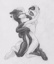 Size: 2892x3424 | Tagged: safe, artist:joestick, imported from derpibooru, oc, oc only, oc:arcalia, oc:kass, earth pony, pony, brother and sister, coat markings, embrace, female, high res, hug, incest, kissing, male, monochrome, pencil drawing, siblings, socks (coat markings), traditional art