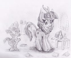 Size: 1500x1220 | Tagged: safe, artist:nedemai, imported from derpibooru, spike, twilight sparkle, dragon, kirin, atg 2021, crossed arms, grayscale, kirin twilight, kirin-ified, monochrome, newbie artist training grounds, pencil drawing, potion, species swap, traditional art