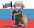 Size: 1451x1200 | Tagged: safe, artist:julie25609, imported from derpibooru, oc, oc only, oc:jagoda, earth pony, pony, adidas, bipedal, blonde, cyrillic, earth pony oc, flag, floppy ears, grin, hat, holding a flag, klyukva, male, russia, russian, russian flag, sharp teeth, slav, slavic, smiling, solo, stallion, standing, stereotype, teeth, tracksuit, ushanka