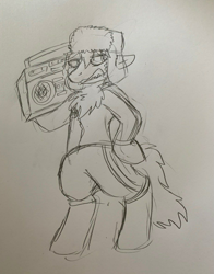 Size: 931x1187 | Tagged: safe, artist:kanrei, imported from derpibooru, oc, oc only, oc:jagoda, earth pony, pony, adidas, angery, angry, bipedal, boombox, female, grumpy, hat, pencil drawing, radio, sharp teeth, sketch, slav, slavic, solo, standing, teeth, tracksuit, traditional art, ushanka