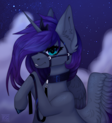 Size: 1800x1968 | Tagged: safe, artist:elektra-gertly, imported from derpibooru, princess luna, alicorn, pony, bridle, collar, ear fluff, female, heart eyes, leash, looking at you, mare, pet play, raised hoof, smiling, solo, tack, wingding eyes