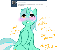 Size: 1080x900 | Tagged: safe, artist:azure-doodle, imported from derpibooru, lyra heartstrings, pony, unicorn, ask, blushing, looking up, sexually confused lyra, solo, tumblr