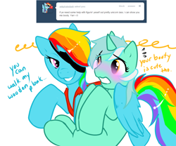 Size: 1080x900 | Tagged: safe, artist:azure-doodle, imported from derpibooru, lyra heartstrings, rainbow dash, pony, ask, blushing, pirate dash, sexually confused lyra, tumblr