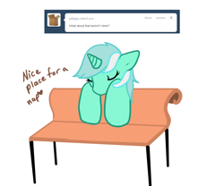 Size: 1080x900 | Tagged: safe, artist:azure-doodle, imported from derpibooru, lyra heartstrings, pony, unicorn, ask, bench, eyes closed, sexually confused lyra, solo, tumblr