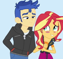 Size: 556x521 | Tagged: safe, artist:harmonyguard, imported from derpibooru, flash sentry, sunset shimmer, equestria girls, blush sticker, blushing, female, flashimmer, grin, looking at each other, male, shipping, smiling, smiling at each other, straight