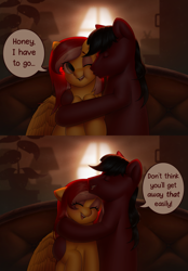 Size: 4180x6000 | Tagged: safe, artist:klooda, imported from derpibooru, oc, oc only, oc:applecore, oc:gentle war, earth pony, pegasus, pony, absurd resolution, blushing, cheek kiss, comic, commission, couch, couple, cute, detailed, detailed background, earth pony oc, eyes closed, female, happy, hug, hugging a pony, interior, kiss on the cheek, kissing, male, mare, ocbetes, one eye closed, open mouth, pegasus oc, plant, room, sitting, smiling, smooch, speech bubble, stallion, talking, text, window, wings