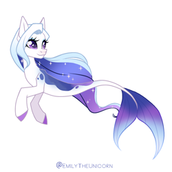 Size: 1536x1536 | Tagged: safe, artist:x-emilytheunicorn-x, imported from derpibooru, oc, oc only, seapony (g4), colored pupils, eyelashes, female, flowing mane, flowing tail, multicolored hair, purple eyes, simple background, smiling, solo, sparkles, tail, white background