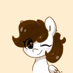 Size: 640x640 | Tagged: artist needed, safe, imported from derpibooru, oc, oc only, oc:flama, pegasus, pony, blushing, dark eyes, eye clipping through hair, looking at you, one eye closed, pegasus oc, piercing, simple background, smiling, smiling at you, solo, white fur, wings, wink, winking at you