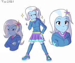 Size: 2080x1758 | Tagged: safe, artist:beefgummies, imported from derpibooru, trixie, human, equestria girls, arms folded, blushing, clothes, crossed arms, dreamworks face, eyebrow wiggle, hairpin, hand on hip, hoodie, jacket, kneesocks, looking up, pouting, skirt, smug, socks, sparkles, surprised, teeth