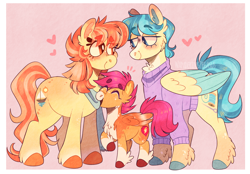 Size: 1468x1024 | Tagged: safe, artist:wanderingpegasus, imported from derpibooru, aunt holiday, auntie lofty, scootaloo, earth pony, pegasus, pony, aunt and niece, blaze (coat marking), blushing, cheek fluff, chest fluff, clothes, coat markings, colored wings, ear fluff, facial markings, female, filly, freckles, happy, heart, hoof fluff, lesbian, lofty day, looking at each other, mare, multicolored wings, open mouth, pale belly, raised hoof, scarf, shipping, smiling, socks (coat markings), sweater, unshorn fetlocks, wings