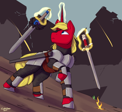 Size: 2000x1845 | Tagged: safe, artist:flashnoteart, imported from derpibooru, oc, oc only, oc:steel prism, pony, unicorn, ponyfinder, armor, arrow, chainmail, colored pupils, dungeons and dragons, eyepatch, fire, glowing horn, hoof shoes, horn, levitation, magic, male, pen and paper rpg, raised hoof, rpg, signature, solo, solo male, stallion, sword, telekinesis, weapon