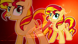 Size: 1920x1080 | Tagged: safe, artist:pegasski, artist:strawberry-pannycake, edit, imported from derpibooru, sunset shimmer, pony, unicorn, duo, eyelashes, female, grin, horn, mare, smiling, zoom layer