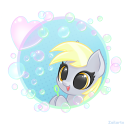 Size: 1764x1765 | Tagged: safe, artist:zailartx, imported from derpibooru, derpy hooves, pegasus, pony, bubble, bubble wand, bust, cute, derpabetes, female, heart, hoof hold, mare, open mouth, open smile, portrait, smiling, solo