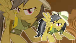 Size: 1920x1080 | Tagged: safe, artist:pegasski, artist:racefox, edit, imported from derpibooru, daring do, pegasus, pony, clothes, eyelashes, female, hat, mare, pith helmet, wallpaper, wings, zoom layer