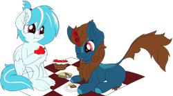 Size: 6164x3433 | Tagged: safe, artist:beigedraws, imported from derpibooru, kirin, pegasus, pony, absurd resolution, apple, duo, eating, food, herbivore