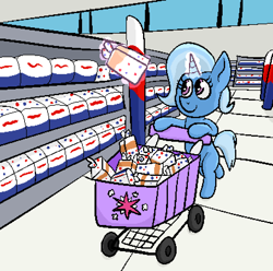 Size: 832x826 | Tagged: safe, artist:xppp1n, imported from ponybooru, trixie, pony, unicorn, bipedal, cart, cutie mark, female, implied twilight sparkle, magic, mare, shopping, shopping cart, solo, style emulation, telekinesis, wonder bread