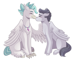 Size: 1280x1024 | Tagged: safe, artist:kikirdcz, edit, editor:hotkinkajou, rumble, terramar, classical hippogriff, hippogriff, pegasus, pony, /mlp/, boop, eyes closed, gay, male, mouth hold, noseboop, older, rumblemar, shipping, simple background, sitting, transparent background, unofficial edits thread