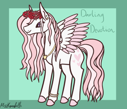 Size: 1750x1500 | Tagged: safe, artist:misskanabelle, imported from derpibooru, oc, oc only, pegasus, pony, abstract background, female, floral head wreath, flower, jewelry, mare, necklace, offspring, parent:fancypants, parent:fleur-de-lis, parents:fancyfleur, pegasus oc, signature, smiling, solo, two toned wings, wings