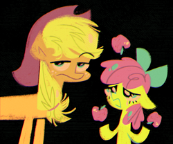 Size: 1280x1067 | Tagged: safe, artist:spacekitsch, imported from derpibooru, apple bloom, applejack, apple, female, filly, food, mare, unimpressed