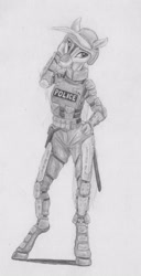 Size: 2174x4232 | Tagged: safe, artist:joestick, imported from derpibooru, oc, oc only, anthro, earth pony, armor, female, helmet, knee pads, mask, monochrome, police, police pony, pouch, swat, traditional art