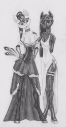 Size: 2222x4268 | Tagged: safe, artist:joestick, imported from derpibooru, oc, oc only, anthro, earth pony, accessories, choker, clothes, female, gloves, monochrome, peacock feathers, socks, stockings, thigh highs, traditional art