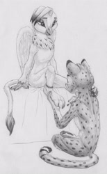 Size: 2660x4329 | Tagged: safe, artist:joestick, imported from derpibooru, oc, oc only, anthro, cheetah, griffon, ankle bracelet, female, furry, male, monochrome, sitting on bed, traditional art, wings
