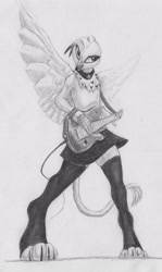 Size: 2728x4586 | Tagged: safe, artist:joestick, imported from derpibooru, oc, oc only, anthro, griffon, clothes, electric guitar, female, guitar, monochrome, musical instrument, socks, spread wings, stockings, thigh highs, traditional art, wings
