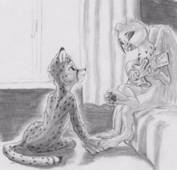 Size: 2879x2767 | Tagged: safe, artist:joestick, imported from derpibooru, oc, oc only, anthro, cheetah, griffon, curtains, electric guitar, female, furry, guitar, male, monochrome, musical instrument, sheet, sitting on bed, traditional art, window, wings