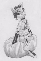 Size: 1886x2788 | Tagged: safe, artist:joestick, imported from derpibooru, oc, oc only, earth pony, clothes, collar, female, gloves, harness, looking at you, monochrome, sitting, socks, stockings, tack, thigh highs, traditional art