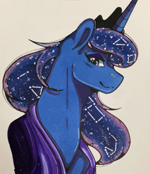 Size: 1099x1280 | Tagged: safe, artist:nightmare-moons-throneroom, edit, editor:edits of hate, editor:unofficial edits thread, imported from ponybooru, imported from twibooru, princess luna, pony, /mlp/, constellation, cream background, ethereal mane, eyeshadow, female, image, jewelry, looking at you, makeup, mare, missing accessory, night, png, simple background, solo, starry mane, tiara, traditional art, unofficial edits thread