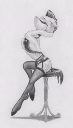 Size: 2015x3508 | Tagged: safe, artist:joestick, imported from derpibooru, oc, oc only, earth pony, pony, choker, clothes, female, monochrome, sitting, socks, stockings, stool, thigh highs, traditional art