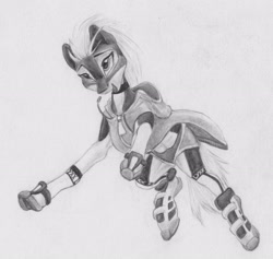 Size: 2926x2771 | Tagged: safe, artist:joestick, imported from derpibooru, oc, oc only, oc:arcalia, earth pony, pony, clothes, coat markings, female, hoodie, monochrome, pencil drawing, shoes, traditional art