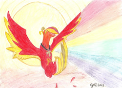 Size: 1280x922 | Tagged: safe, artist:pianoflagerag, imported from derpibooru, oc, oc:guiding light, phoenix, amulet, atg 2021, flying, happy, jewelry, newbie artist training grounds, rainbow, species swap, sun, traditional art