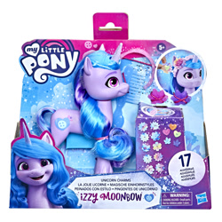 Size: 2000x2000 | Tagged: safe, imported from derpibooru, izzy moonbow, pony, unicorn, barette, brush, brushable, comb, crystal, female, flower, g5, hasbro logo, headband, heart, high res, irl, mare, merchandise, my little pony logo, official, packaging, photo, toy, unicorn charms izzy moonbow