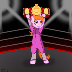 Size: 1000x1000 | Tagged: safe, artist:phallen1, imported from derpibooru, oc, oc only, oc:maya northwind, pony, semi-anthro, unicorn, atg 2021, bipedal, championship belt, clothes, female, jumpsuit, newbie artist training grounds, ponified oc, solo, standing, teeth, title belt, wrestler, wrestling ring