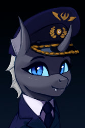 Size: 1000x1493 | Tagged: safe, artist:mrscroup, imported from derpibooru, oc, oc only, changeling, equestria at war mod, bust, changeling oc, clothes, curved horn, fangs, female, hat, horn, military uniform, necktie, portrait, solo, suit, uniform, uniform hat